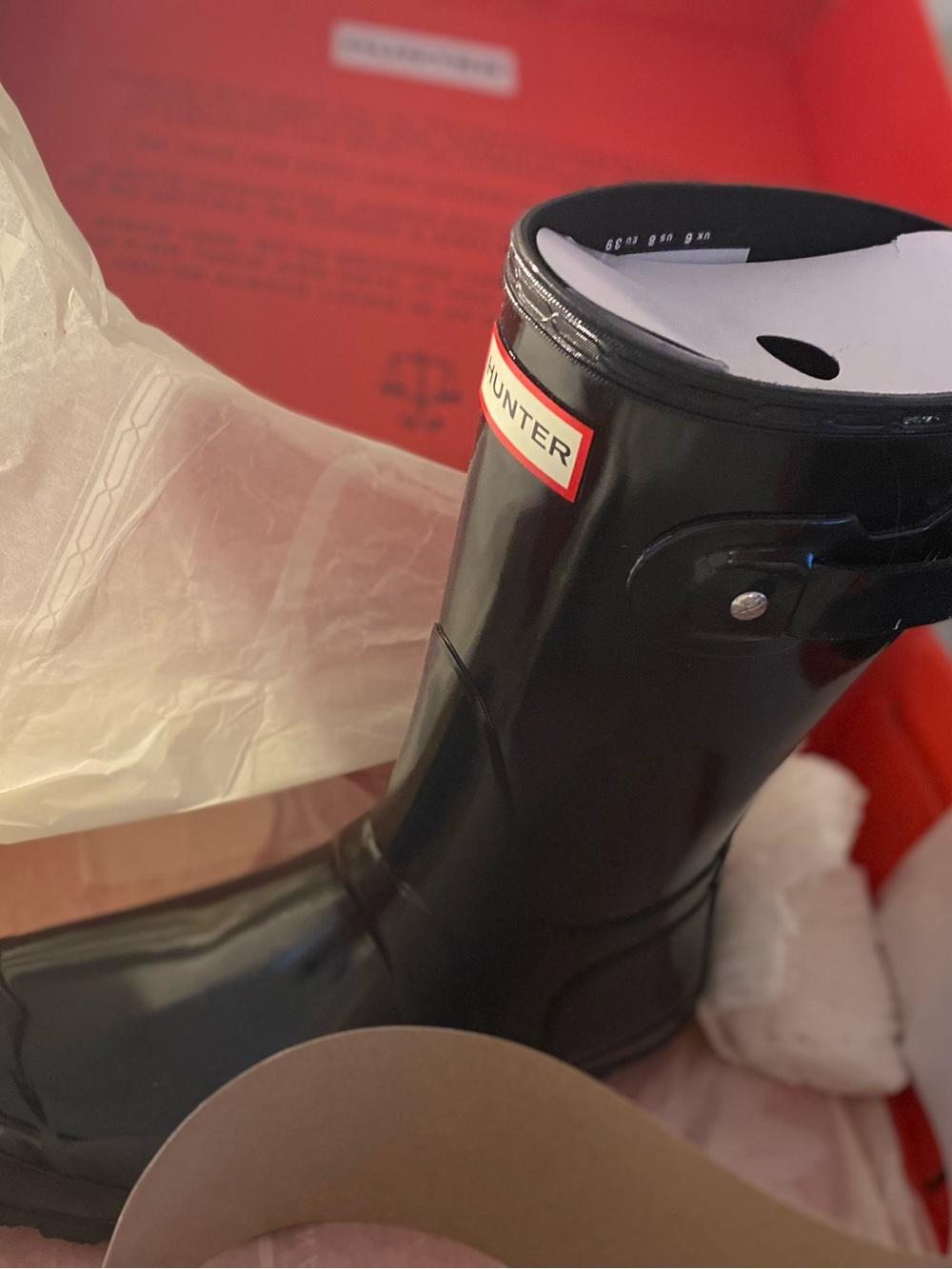 Hunter Ladies Size USA 8 Black Gloss Rain Boots
